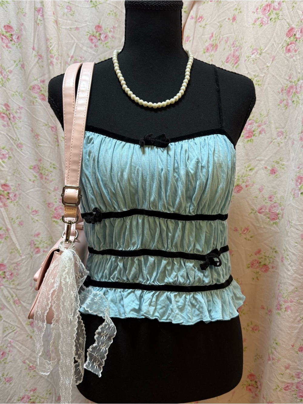 Light Blue Ruffled Spaghetti Strap Top with Black Trim